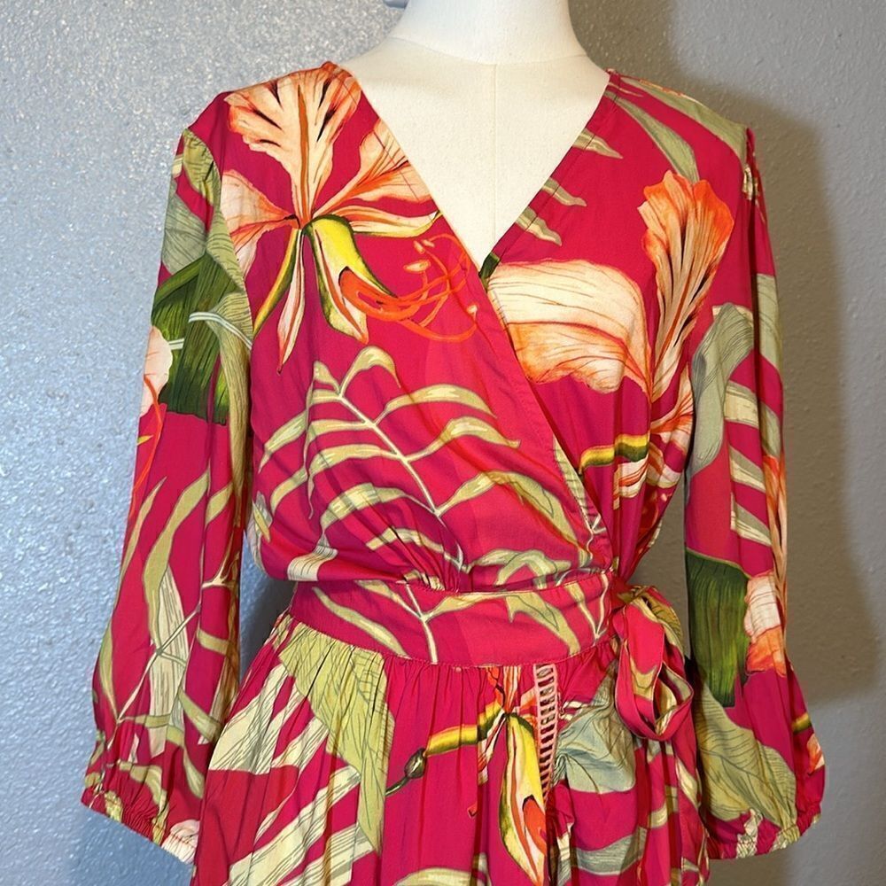 Powder women’s tropical dark rose color wrap dress size S - Picture 2 of 13